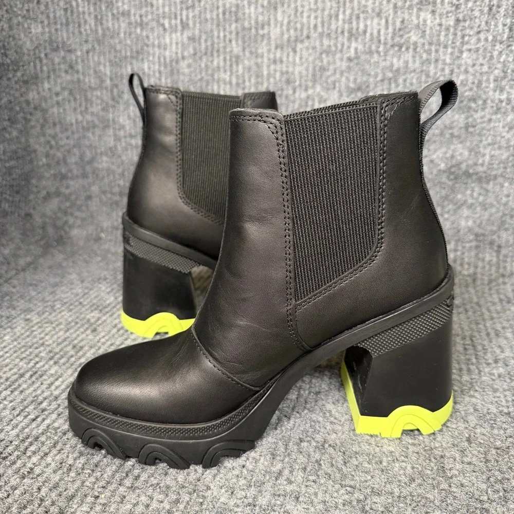 Sorel Brex Chelsea Boots Womens 5 Black Neon Green Lug Sole Platform Heel